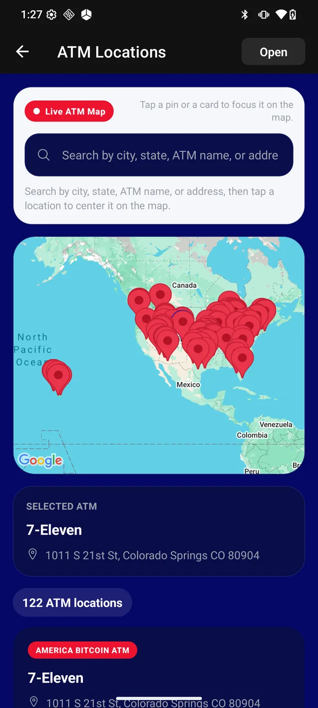 America Bitcoin Wallet ATM Locations screen with live map of America Bitcoin ATM kiosks