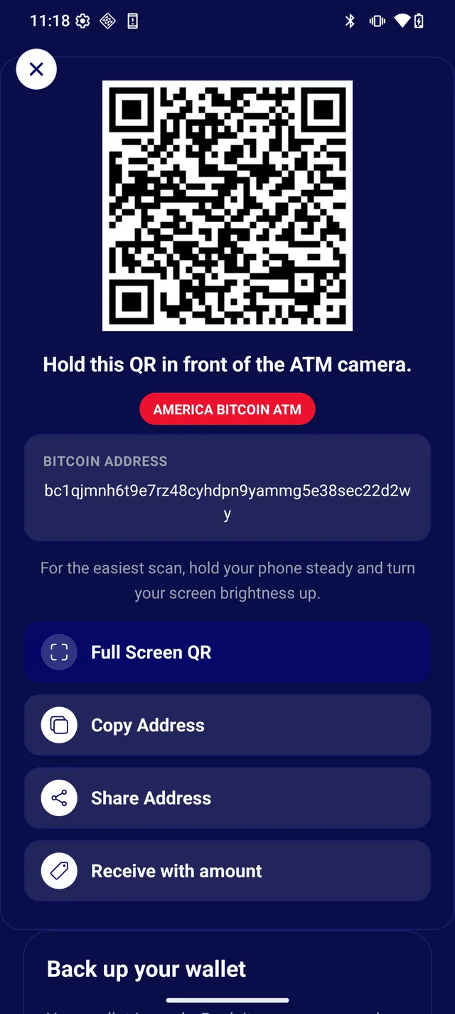 America Bitcoin Wallet receive screen with QR code to hold in front of the ATM camera