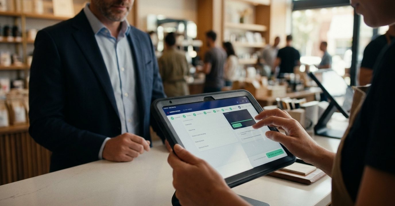 A teller walks a customer through the bitcoin purchase steps on a counter tablet