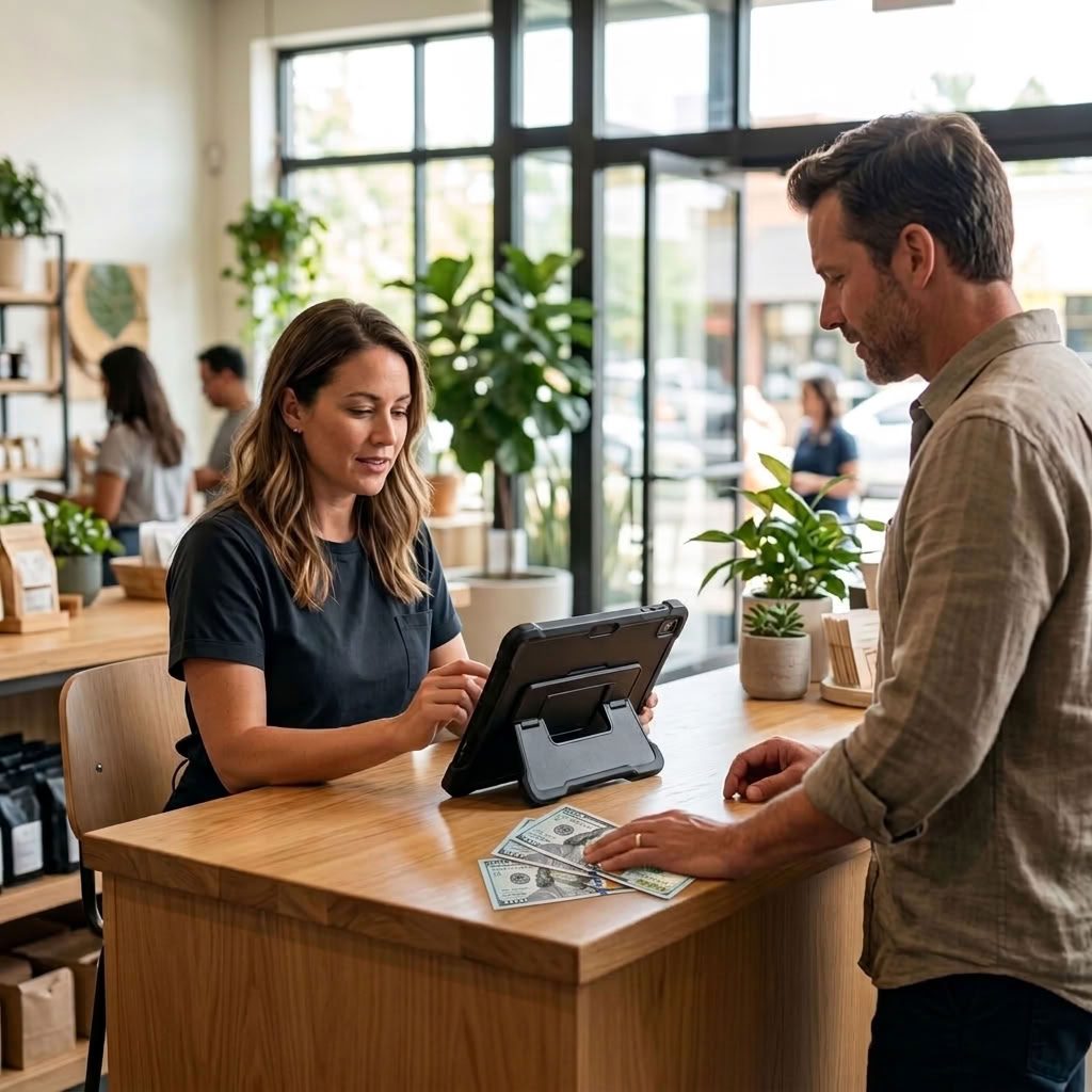 A Bitcoin Teller at a Hawaii store counter helps a customer buy bitcoin with cash on a tablet