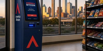 America Bitcoin ATM kiosk in Dallas with downtown skyline