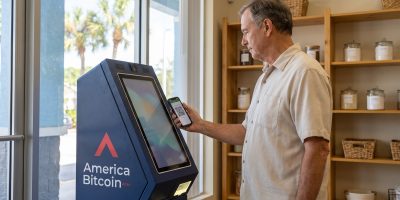 Customer holding a phone up to the scanner on an America Bitcoin ATM beside a sunny window in a Florida shop