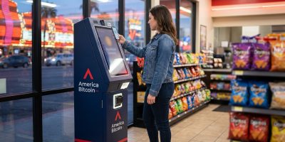 Customer using an America Bitcoin ATM inside a Las Vegas convenience store