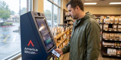 Customer in a rain jacket holding a phone up to the scanner on an America Bitcoin ATM inside a Portland neighborhood market