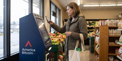 Customer holding a phone up to the scanner on an America Bitcoin ATM inside a neighborhood grocery market