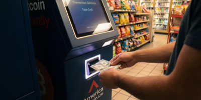 Customer withdrawing cash after sell Bitcoin at ATM